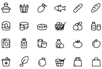 A set of 36 clean, black-and-white line icons representing supermarket and grocery shopping items, including cashier, vegetables, fish, bread, dairy products, meat, canned food, drinks, fruits, cleani