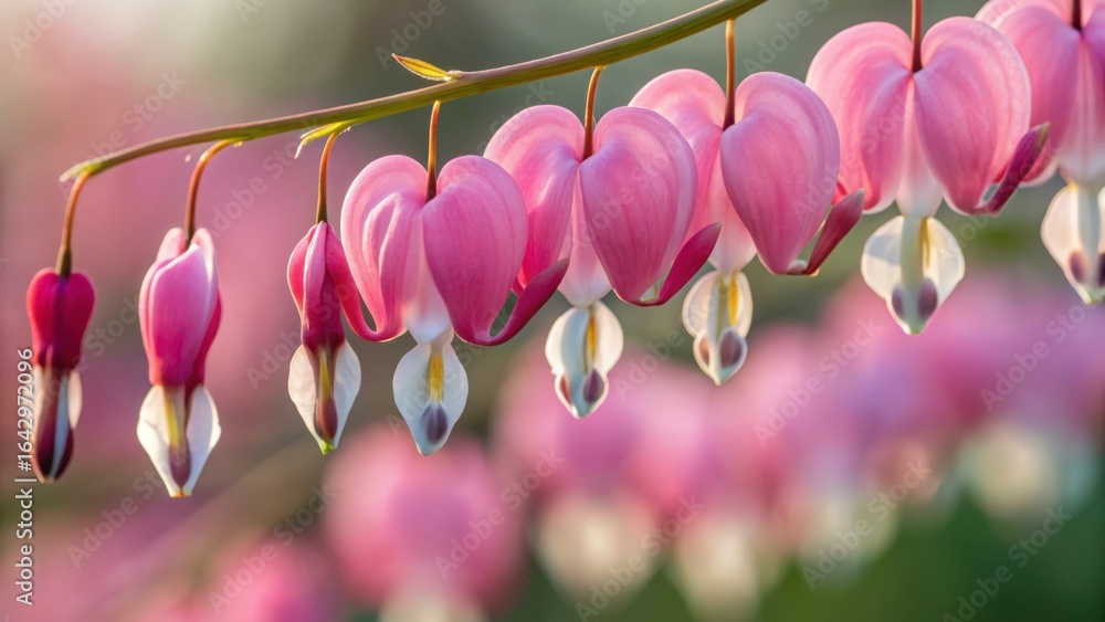 Poster a close up of a stem of bleeding heart flowers with a blurred background in soft light setting