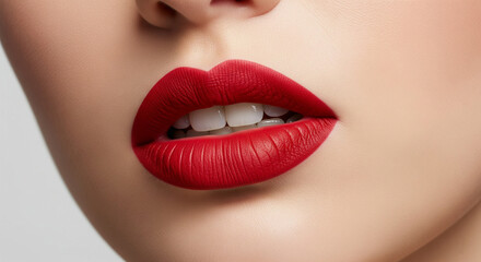 Fototapeta premium Close up of a woman s full red lips with white teeth and smooth skin