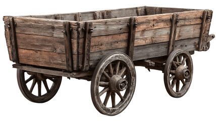 Old wooden handcart isolated on transparent background — high-resolution PNG cutout of rustic vintage farm cart with weathered wood texture, clean edges, antique rural transport prop for mockups