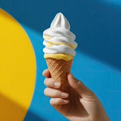 Hand holding a waffle cone filled with swirls of white ice cream, accented with yellow drizzle.  A vibrant blue and yellow background creates a sunny aesthetic