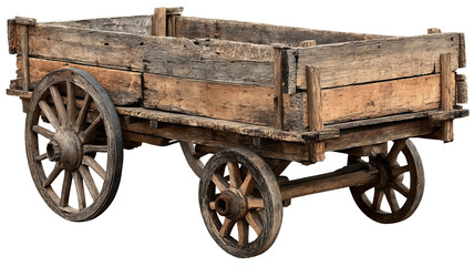 Fototapeta premium Old wooden handcart isolated on transparent background — high-resolution PNG cutout of rustic vintage farm cart with weathered wood texture, clean edges, antique rural transport prop for mockups