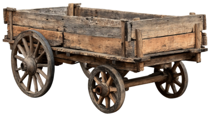 Old wooden handcart isolated on transparent background — high-resolution PNG cutout of rustic vintage farm cart with weathered wood texture, clean edges, antique rural transport prop for mockups