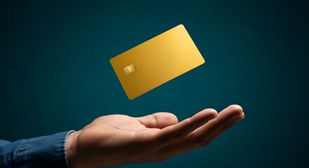 Hand presenting a floating golden credit card against a dark teal background