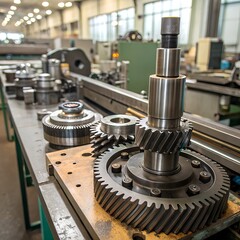 Precision engineered gears and mechanical parts on a workbench in a factory