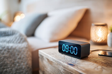 Modern alarm clock displaying nine o'clock beside a cozy bed in a warm, inviting room setup