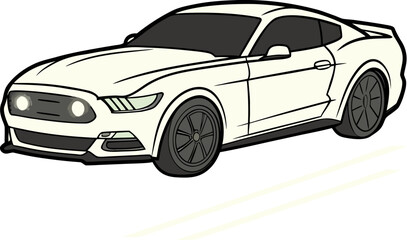 White cartoon car. A 2-door sports car is viewed at an angle with glowing headlights and detailed rims. Part of a set of uploaded files.

