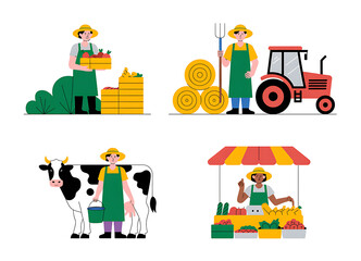 Farmers and farm life scenes with tractor cow and market stall