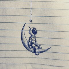 Hand drawing of an astronaut sitting on a crescent moon with a little star on his head, drawn in a lined notebook with a blue pen. Image with copyspace.