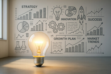 Diverse business team collaborates in a meeting, analyzing marketing data on charts and graphs with laptops and coffee.