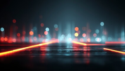 Neon light streaks on dark floor with bokeh