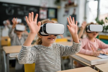 A primary school girl wearing virtual reality glasses sits at a desk during a lesson at school.
