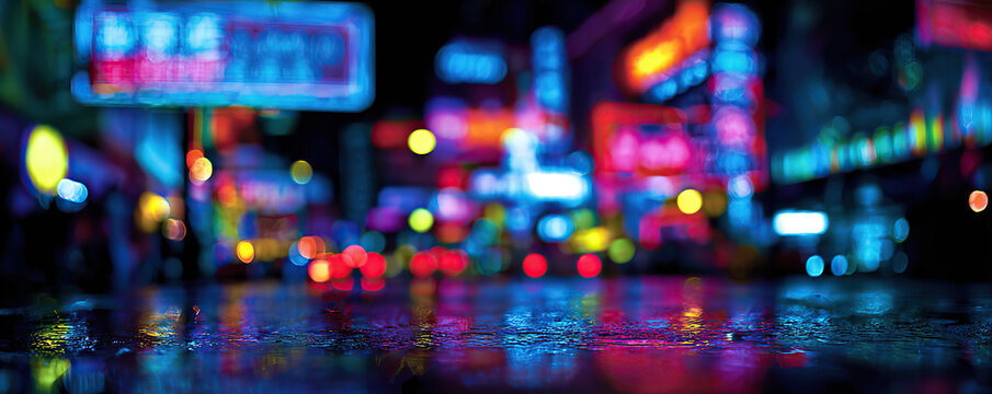 Vibrant city street at night reflects colorful neon lights and bustling urban atmosphere after rain