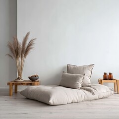Beige linen floor seating, minimalist decor