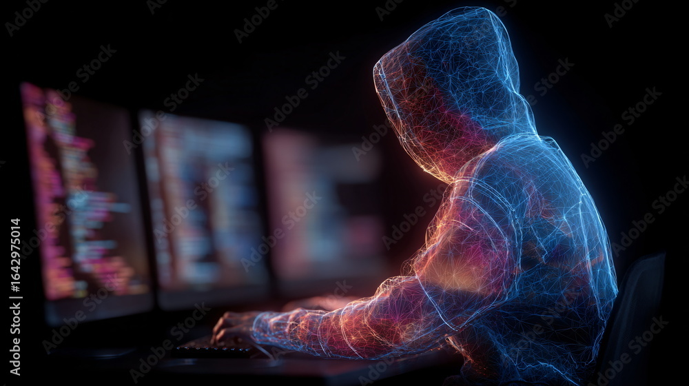Poster man in hoodie, shown as network of glowing lines, typing on keyboard in front of multiple screens. f