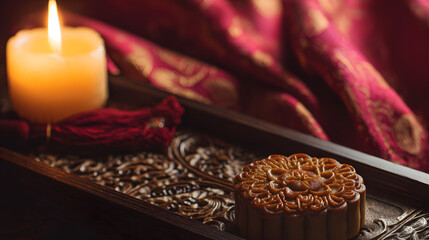 Traditional mooncake with floral patterns, placed on a lacquered tray with warm candlelight.