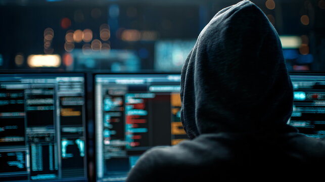 Rear view of anonymous hacker in dark hoodie working on multiple computer screens with data code. Cyber security concept.