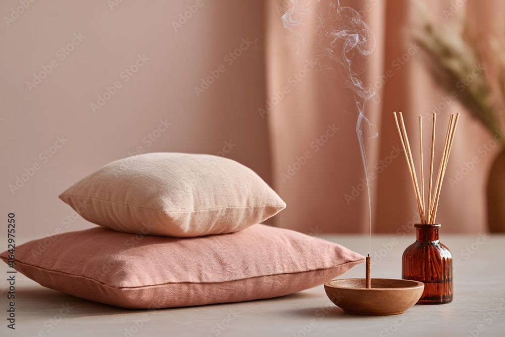 Poster cozy indoor setting with soft pillows and incense creating a relaxing atmosphere