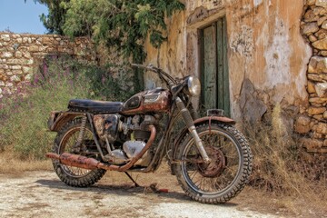 Motorcycle Border. Abandoned Rusty Bike by Crumbling Wall at Nicosia Green Demilitarised Zone