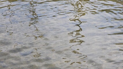 Close-up view of gentle ripples on a calm water surface with light reflections