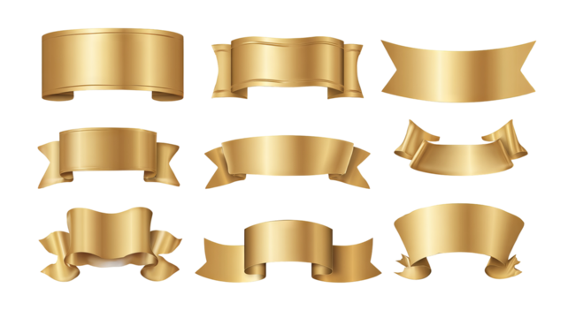 Vector illustration set of elegant gold ribbon banners and labels — shiny metallic badges for premium products, luxury advertising, awards and promotions — high-resolution transparent background PNG
