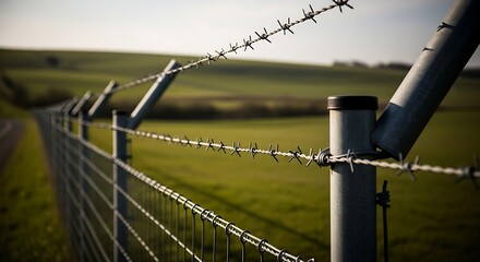 Fototapeta premium Barbed Wire Fence in Rural Landscape