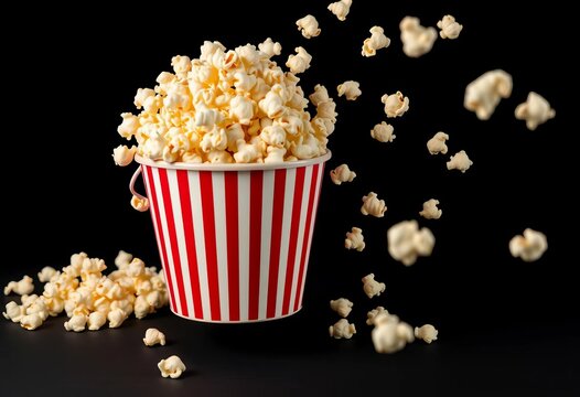 Striped bucket overflowing with popcorn kernels flying mid-air against black backdrop,  isolated, popcorn