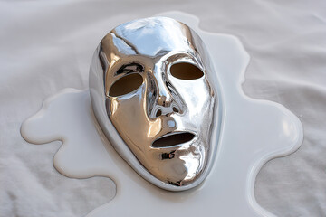 Shiny silver mask resting on white surface with smooth liquid around it