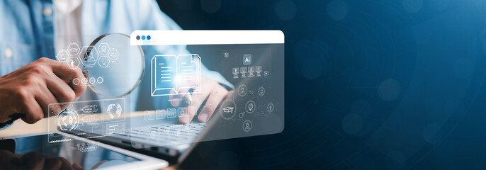 E-learning program certificate and online education learning workshop training.Male and female students icons virtual screen and Video lesson online classes on the internet.