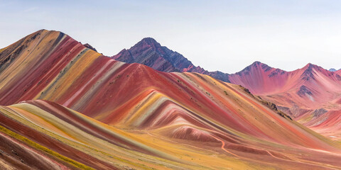 Naklejka premium Colorful Rainbow Mountain Landscape – Nature, Scenic, Travel, Hills, Outdoors, Sky, Horizon, Valley, Beautiful, Tourism, Peru, Landmark, Unique, Colorful, Destination, Adventure, Terrain, View
