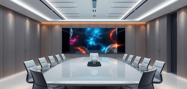 Sleek, minimalist conference room of the future with holographic display,  modern,  display