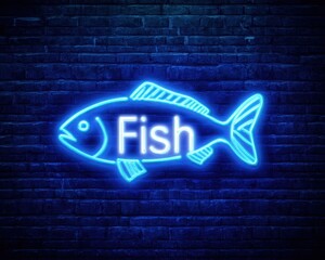 Obraz premium Neon Fish Sign. Creative fish neon signs with blue brick wallpaper background