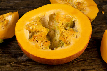 sliced orange pumpkin pulp in the kitchen