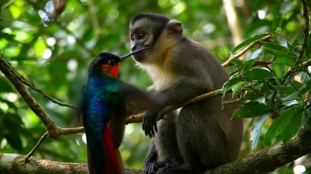 Hummingbird and monkey interaction on a branch in the lush green jungle canopy