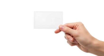Obraz premium Hand holding a blank white business card isolated on white background