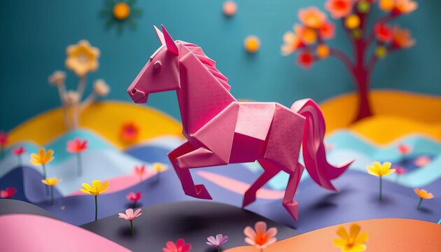 Whimsical origami horse floats in a vibrant paper landscape, surreal and colorful , design, artistic