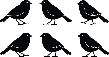 Songbird silhouettes, perched bird icons, small bird vector art, sparrow illustration, black bird design, decorative animal shapes, minimal wildlife graphics
