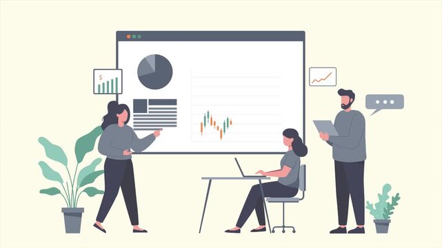 Flat 2d animation, Business team analyzing data on a large monitor with charts in modern office, Flat Character Animation