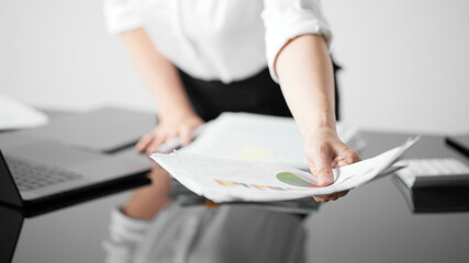 Business concept. A confident gesture by a female leader with leadership and innovative attitude.