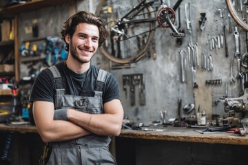 Morning in a bike repair shop with tools on the wall A young man offers free tune-ups for delivery workers The mood is generous and hardworking, Generative AI