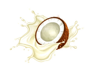 Coconut half with milk splash. Isolated transparent background