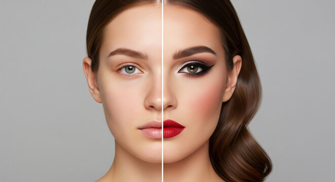 Woman s face split showing before and after makeup transformation