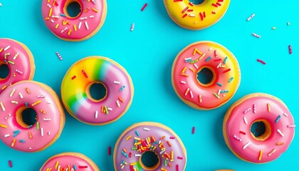 Vibrant blue background showcases colorful donuts with rainbow frosting and sprinkles in a playful pop art style,   food photography,  graphic