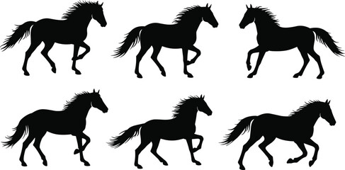 Horse silhouettes collection, running horse vector art, black animal clipart, equestrian design, wild horse shapes, galloping stallion illustration, farm animal graphic set