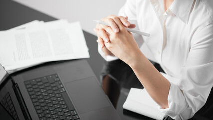 Business concept. A confident gesture by a female leader with leadership and innovative attitude.