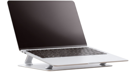 Adjustable aluminum laptop stand for ergonomic desk setup — minimalist portable riser with cable management and ventilation slots, isolated on transparent background (high-resolution PNG cutout)
