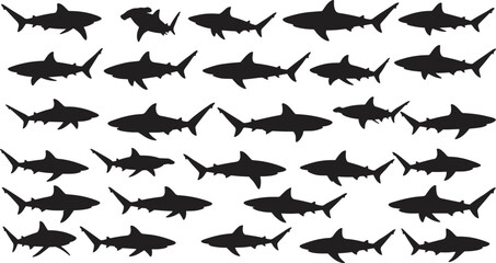 Shark silhouette collection, swimming predator fish vector icons, black shark shapes clipart, ocean marine life design elements, underwater animal graphic art