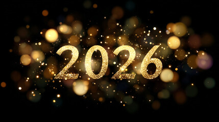 Golden shining greeting card number text 2026 on dark festive christmas and new year background, festive atmosphere