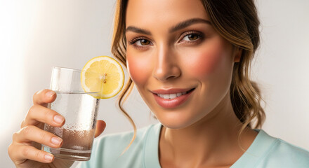 Beautiful woman holding a glass of water with lemon