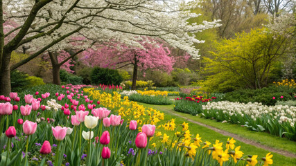 Obraz premium eautiful Flower Garden – Nature, Bloom, Spring, Outdoor, Colorful, Park, Floral, Petals, Season, Green, Grass, Scenic, Landscape, Plants, Fresh, Garden, Botanic, Beauty